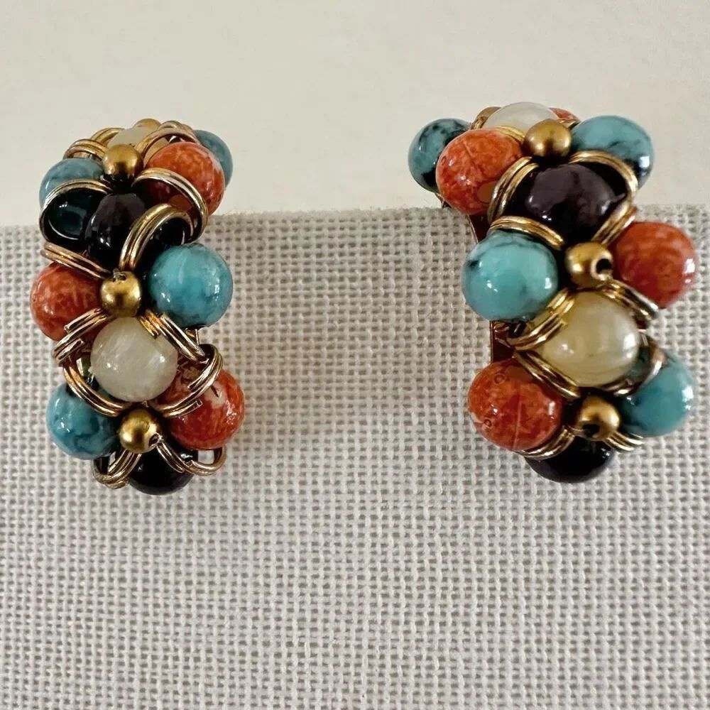 Colorful beaded vintage half hoop earrings
